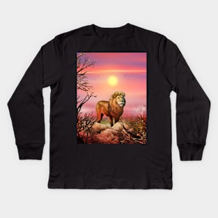 Lion king a wild animal. Sunset Wild African lion in nature. Retro style. Realistic Oil painting illustration. Wildlife Hand Drawing poster Kids Long Sleeve T-Shirt